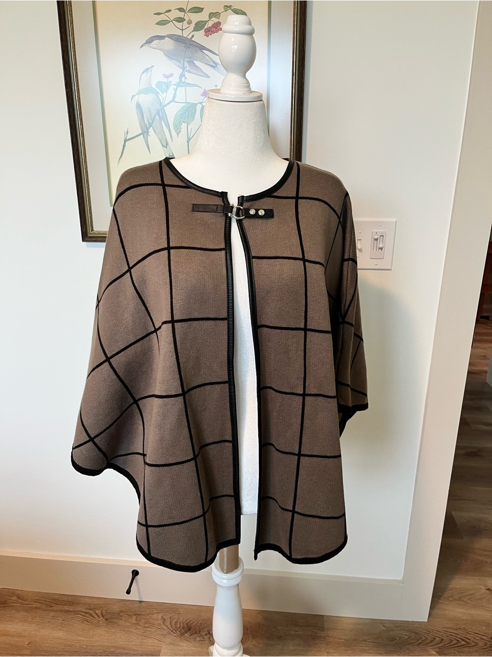 White House Black Market Brown Windowpane Cape with Black Trim